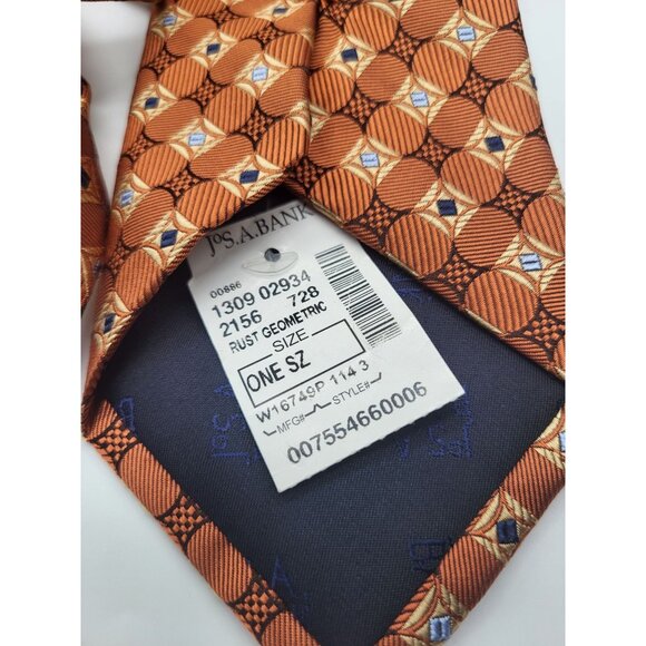 JOS A BANK Men's Geometric Print Rust Orange Blue Neck Tie 100% Silk NWT - Picture 5 of 6